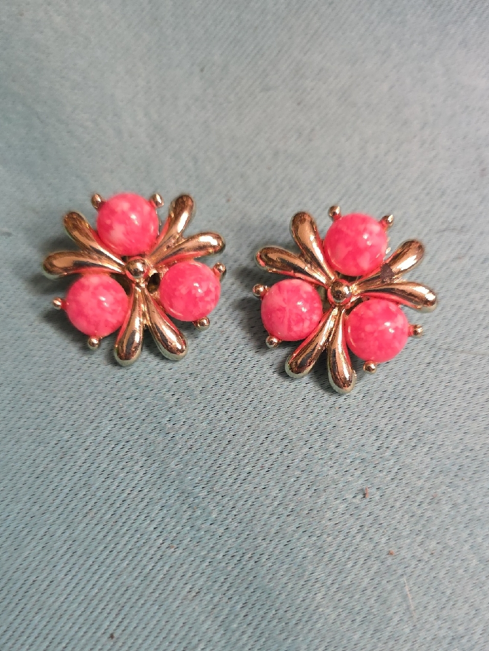 Gold-Tone Floral Clip On Earrings with Pink Cabochons